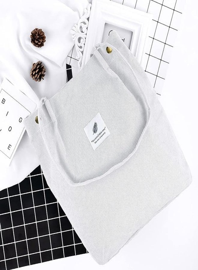 BIGXEN Women Corduroy Tote Bag Canvas Shoulder Purse Reusable Shopping Bag Grocery Bag Large Capacity Washable Handbag Girls Shoulder Bag with Inner Pocket For Daily Use Work Travel (White) - Image 4